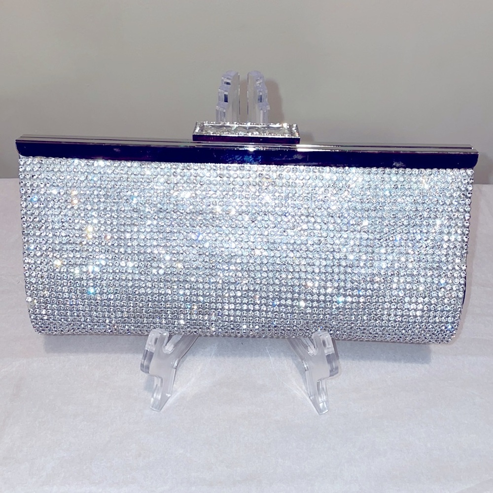Mettalic Silver and Rhinestone Embellished Clutch or Crossbody Bag 9”x4”